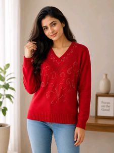 Red V-Neck Embellished Sweater