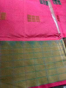 Vibrant Pink Saree with Green &amp; Gold Checks