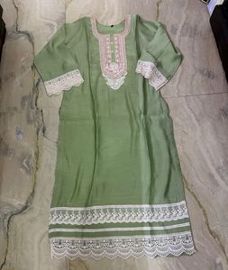 Green Embroidered Kurta with Lace Trim