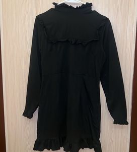Black Ruffle Neck Long Sleeve Dress