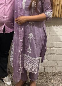 Lavender Kurta Set with White Embroidery
