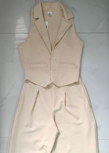 Chic Beige Vest and Wide Leg Pants co-ords set