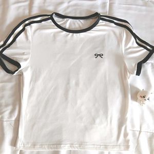 White bow crop top with Black Stripes