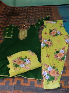 Green Kurta Set with Floral Bottoms