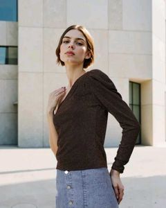 Shein Party One Shoulder Puff Sleeve Chic Top🤎