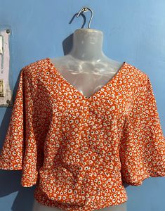 Orange Floral Printed V-neck| Korean Top