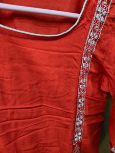 Red Kurta with White Embroidery