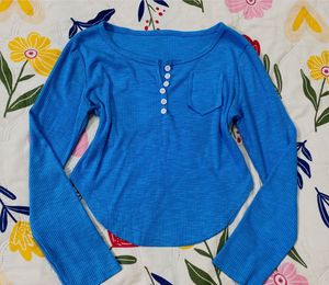 Blue Ribbed Cropped Henley Top