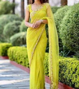 Stunning Yellow Embellished Net Saree