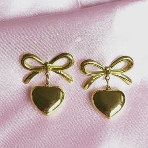ANTI TARNISH Cute Gold Heart Bow Earrings