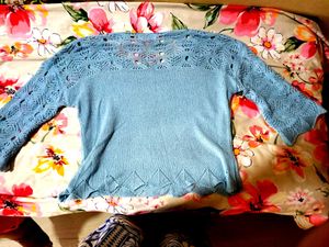 Chic Light Blue Crochet Detail Top