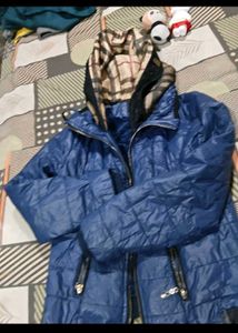 Blue Puffer Jacket with Plaid Lining sweater free