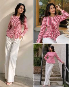Red & White Striped Lace-Up Morocco Top