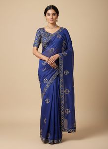 Royal Blue Embroidered Saree with Blouse