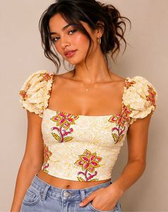 Floral Print Puff Sleeve Crop Top
