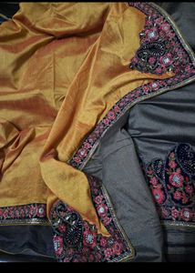 Embroidered Yallow and charcoal Saree