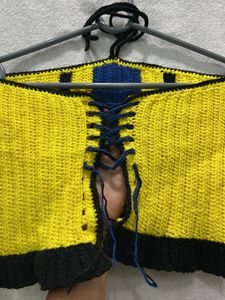 Crocheted Yellow &amp; Blue Striped Crochet Halter Top