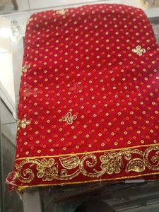 Red &amp; Gold Saree (Rat Bite Issue On Border)