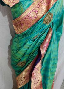 hand work 💯 Green Silk Saree with Gold Border