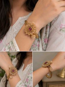 Elegant Floral Gold-Tone Kada with Pearl & Stone