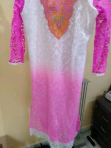 Beautiful Pink White Kurta With Neck Embroidery