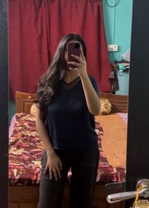 Casual Navy Blue V-Neck Top