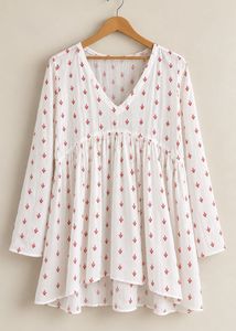 White & Red Floral Printed Babydoll Tunic | Full-S