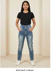 High-Waist Textured Slim Fit Blue Jeans