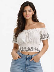 Trendy Off Shoulder White Crop Top | Smocked Waist