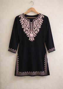 Elegant Black Kurta with Pink Embroidery