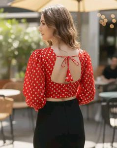 Red Crop Blouse with Golden Print