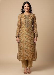 Golden Green Floral Print tissue Kurta