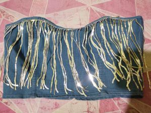 shein Denim Beaded Fringe Tube Top