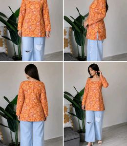 Vibrant Orange Floral Print Kurta_XXL