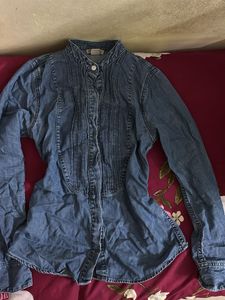 Denim Pleated Button-Up Shirt