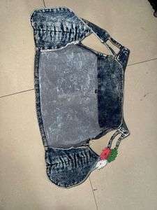 Denim Crop Vest with Flower Embellishment