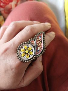 Hand painted brass Floral Statement Ring