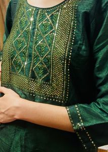 Elegant Emerald Green Kurta with white palazzo