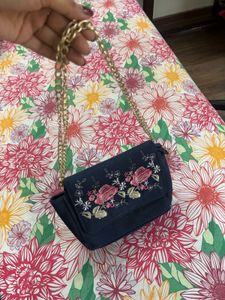 Embroidered Navy Blue Crossbody Bag