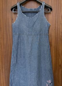Denim Blue Dress with Floral Embroidery