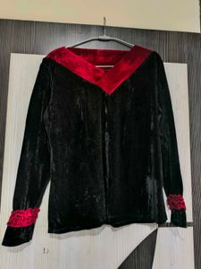 Elegant Black Velvet Kurta with Red Accent