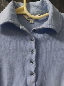 Cuffed Sleeves Solid Blue Top And Stripped Tee