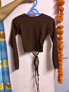 Brown Tie-Back Long Sleeve Crop Top