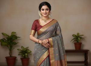 GentlyUsed Burgundy and Grey Pattu Sari WithBlo