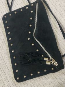 Black Studded Clutch Bag with Tassels