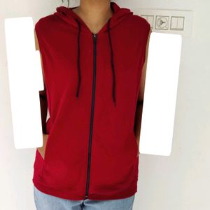 Sleeveless Dark Red Zipper Hoodie XL Size Women