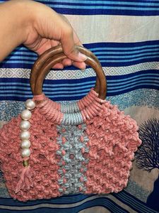 Boho Macrame Shoulder Bag with Wooden Handles