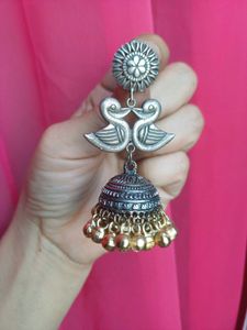 Brass Dual Swan with golden bell Jhumka Earrings
