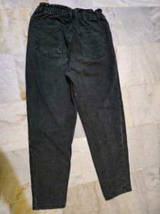 Washed Black Denim Paperbag Waist Jeans