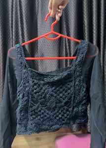 Crochet Crop Top with Sheer Sleeves